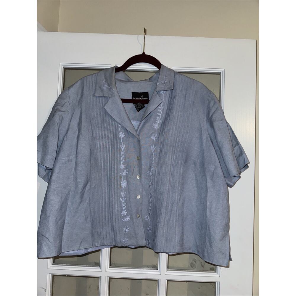 FASHION ATTITUDES Women Blue Button Up Pleated Short Sleeve Shirt Blouse Sz 18